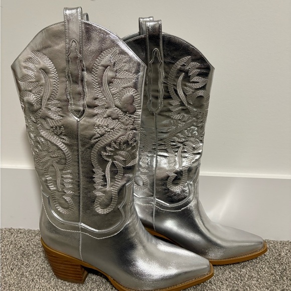 Women Western Cowboy Boots Pointed Toe Silver Metallic Cowgirl Women's Size 7 8 - Picture 4 of 14